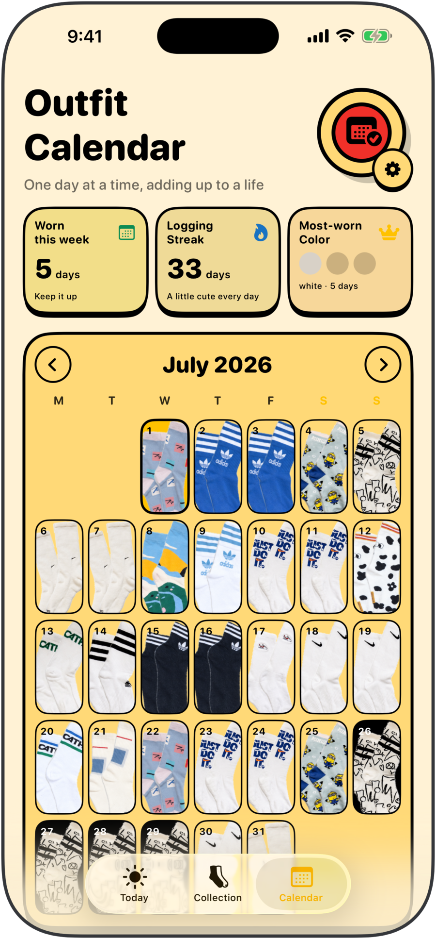 SockDiary outfit calendar showing sock photos across a month