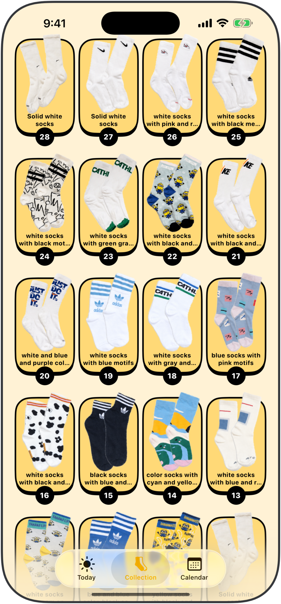 SockDiary Collection screen showing many photographed sock pairs in a visual library