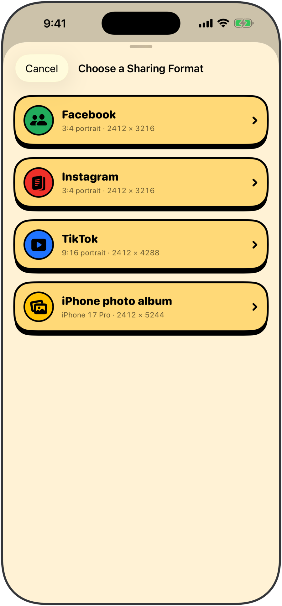 SockDiary sharing screen offering portrait exports for Facebook, Instagram, TikTok, and the iPhone photo album