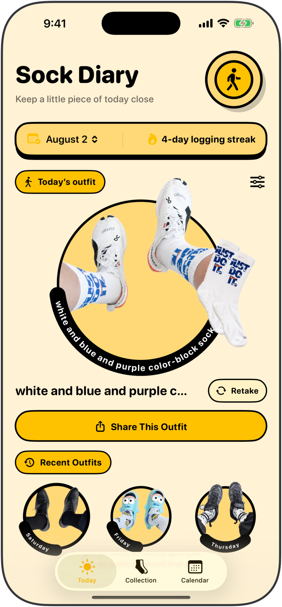 SockDiary Today screen showing a photographed outfit, its linked sock pair, and recent outfits