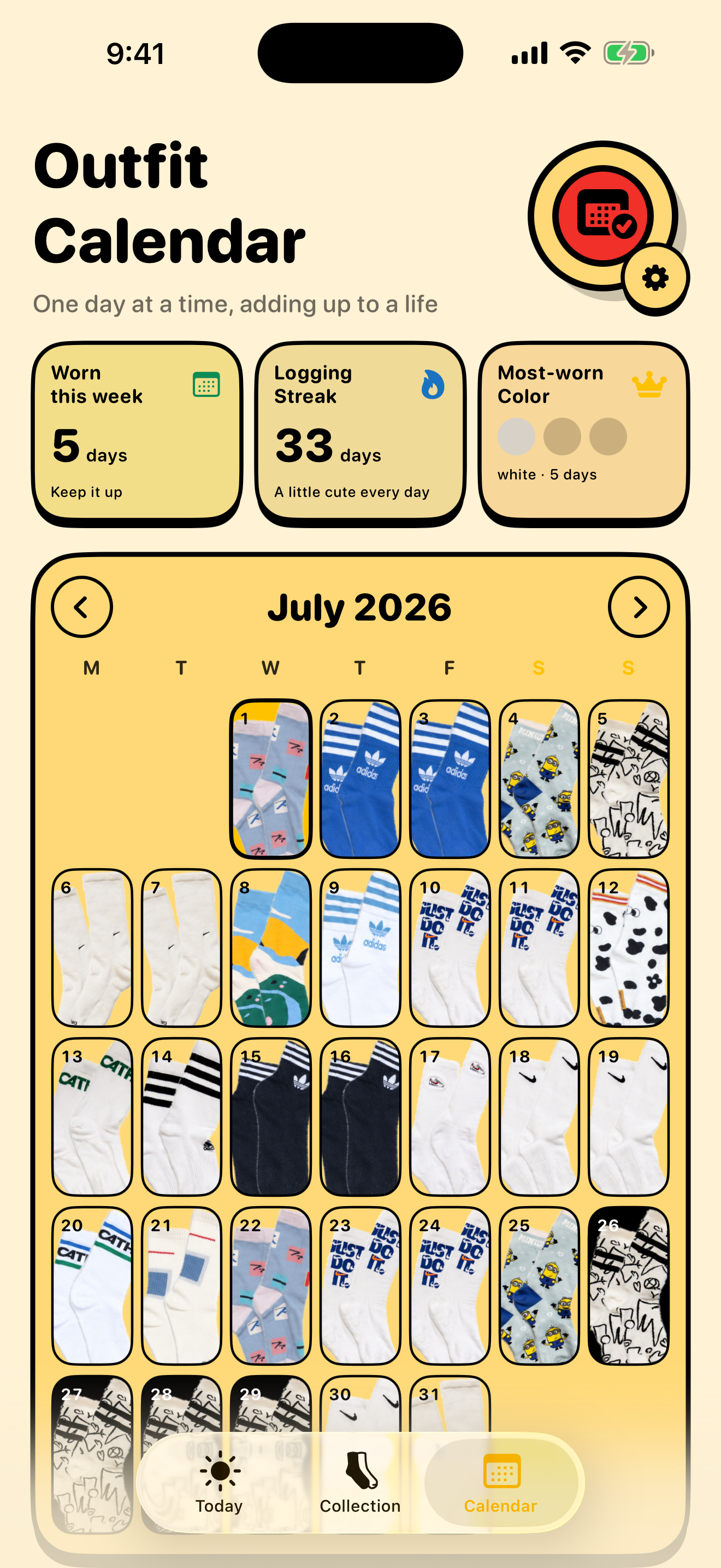 Calendario de SockDiary con fotos de calcetines a lo largo del mes