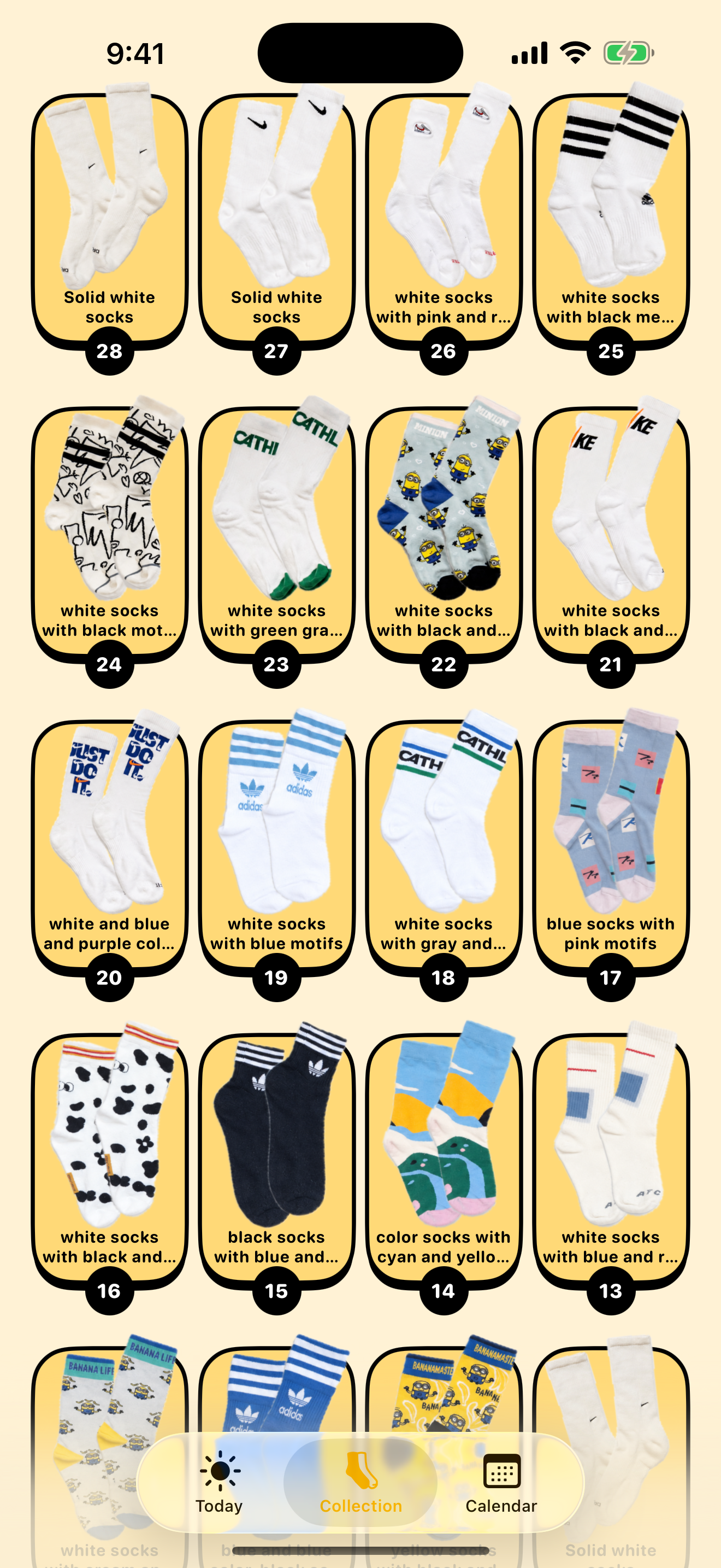 Pantalla Colección de SockDiary con muchos pares fotografiados y ordenados por imagen