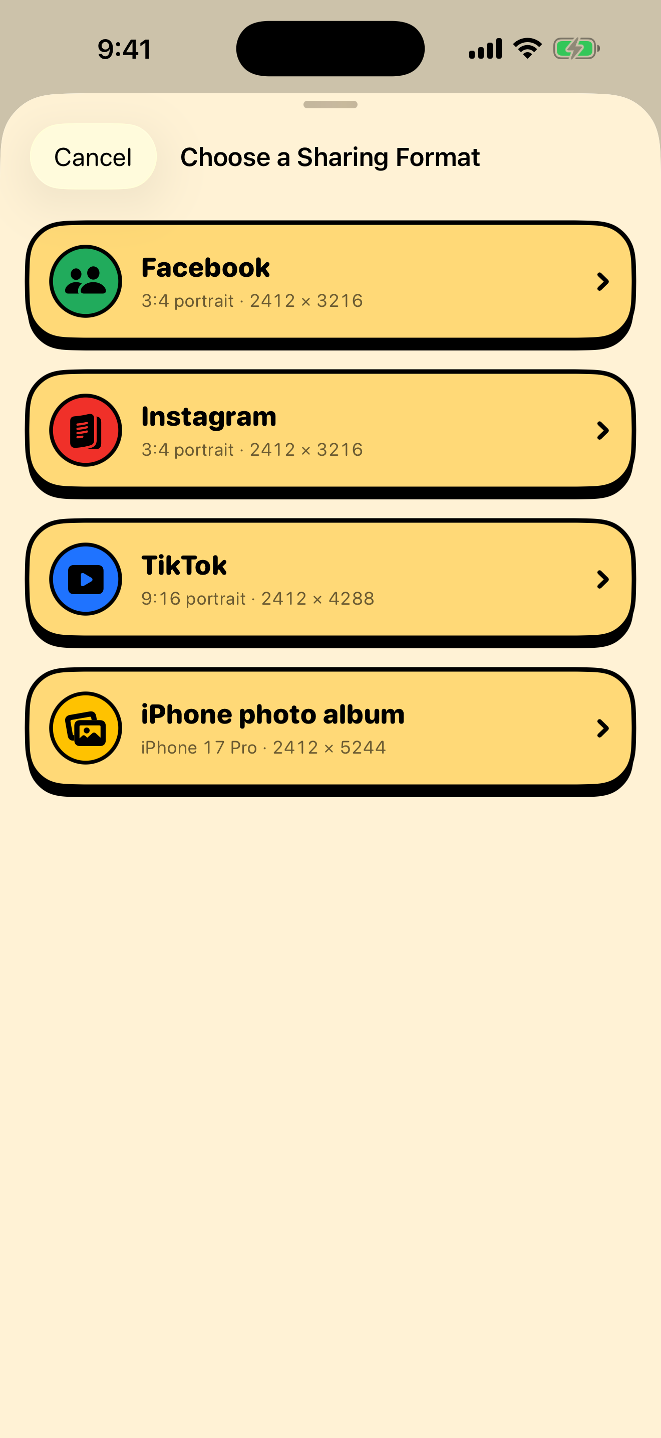 Pantalla de SockDiary con formatos verticales para compartir y guardar en Fotos
