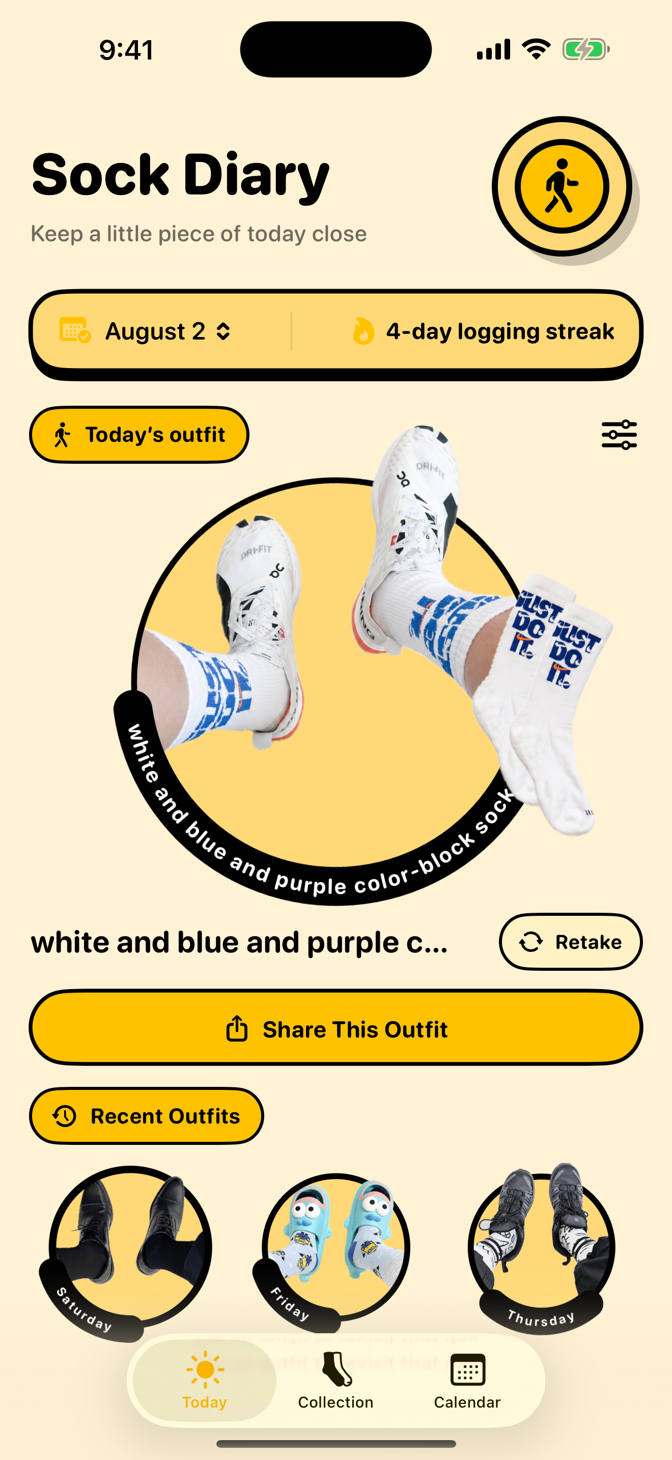 Pantalla Hoy de SockDiary con un look, el par de calcetines relacionado y conjuntos recientes